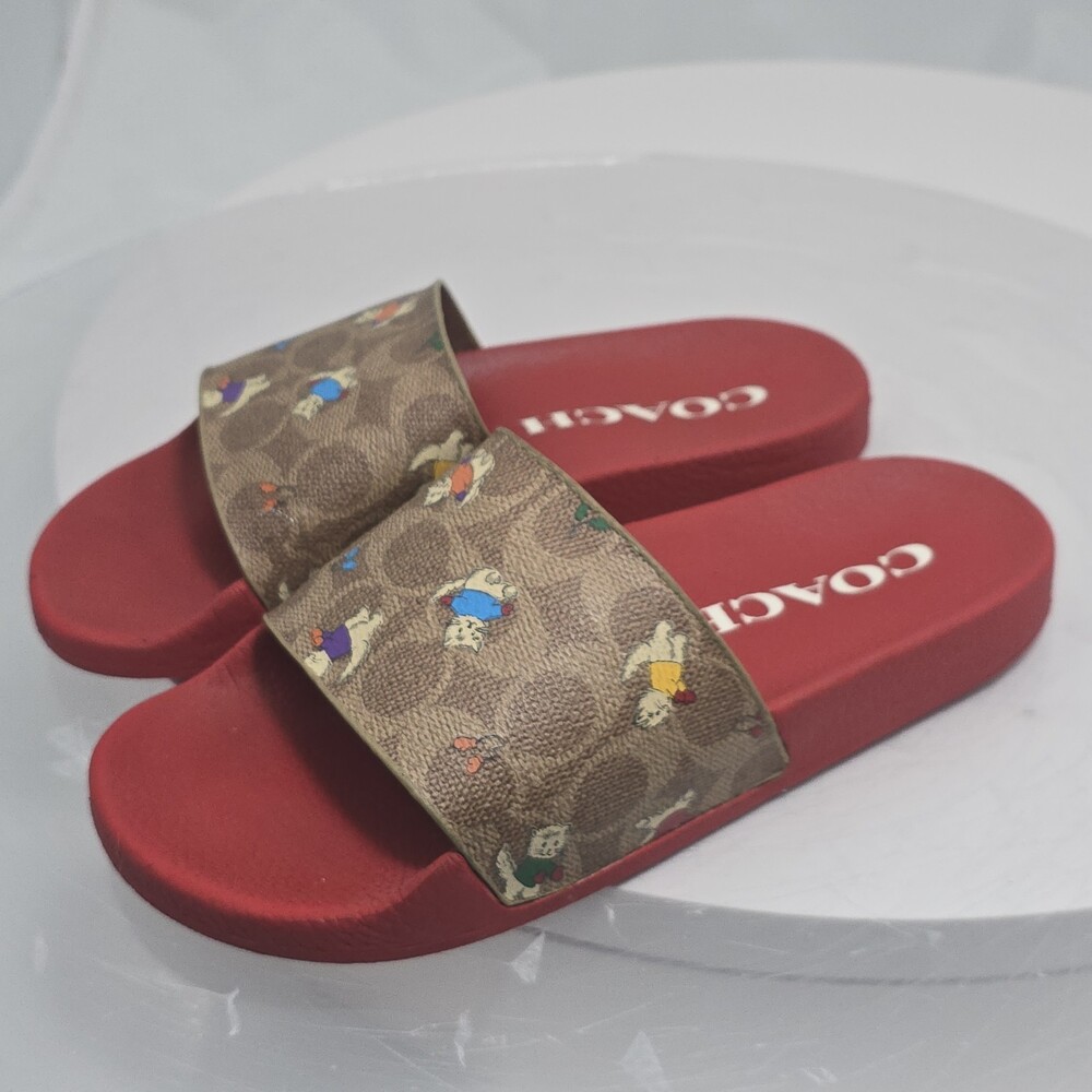COACH Udele Sport Slides Women 7 Kittens/Cats Print Signature C Coated Flip Flop